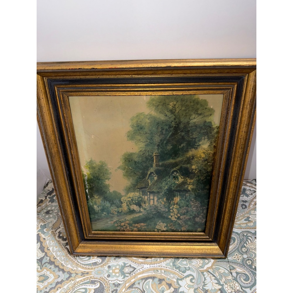 Vintage L Huntly Cottage Landscape Print Ornate Gold Wood Frame 15x13 Art
